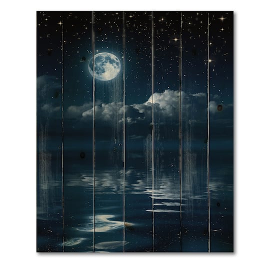 Designart - Full Moon in Cloudy Night Sky I - Nautical & Coastal Print on Natural Pine Wood